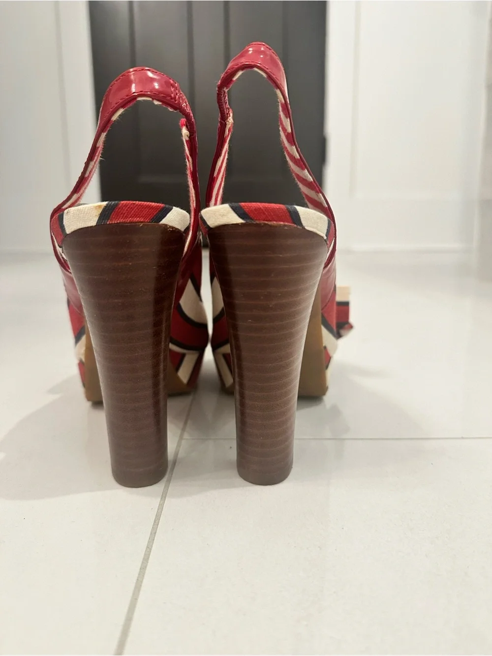 Gianni Bini Red and Cream Striped Peep-Toe Slingback Heels with Bow